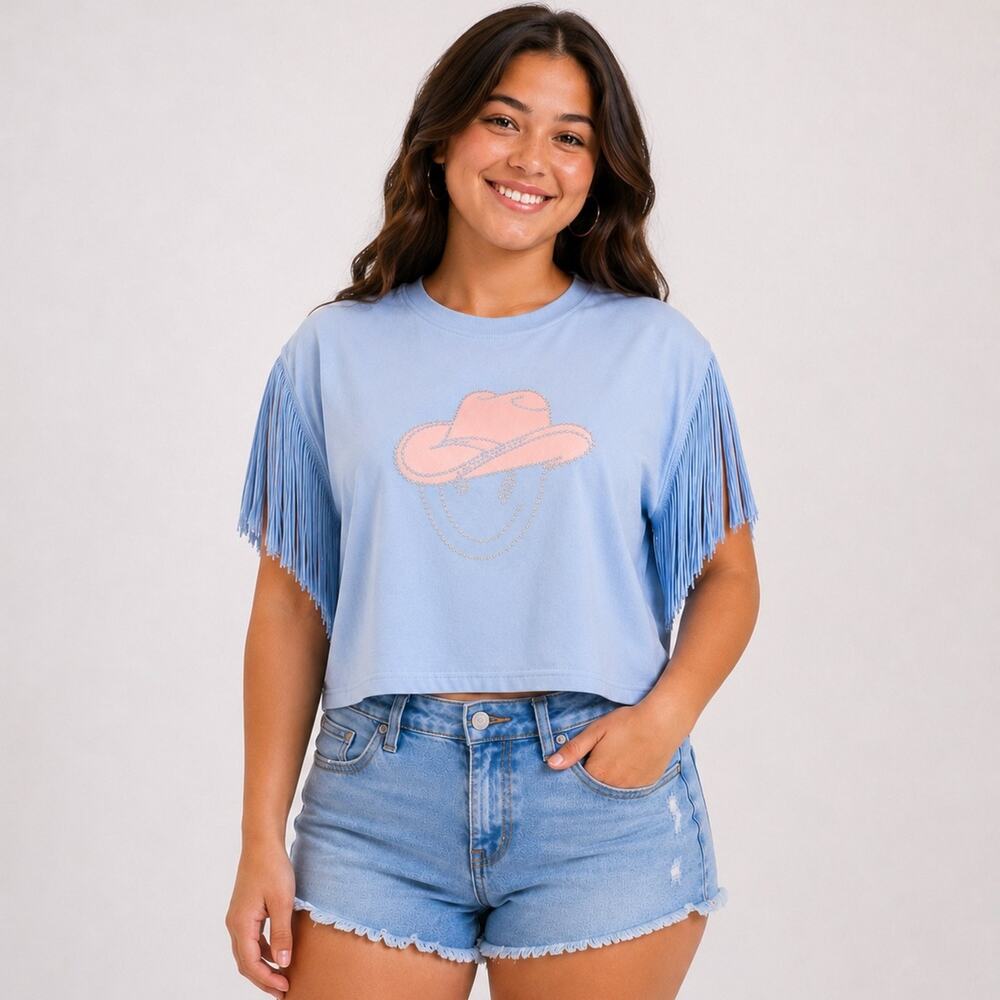 ICE BLUE WOMEN'S SHORT FRINGE SLEEVE CROP TOP GRAPHIC SHIRT SZ-Large